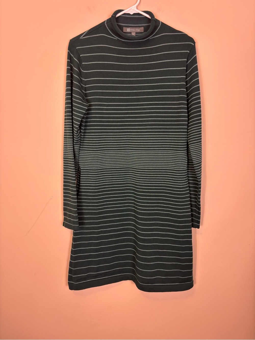Title Nine Dark Green with Light Green Striped Long Sleeve Mock Neck Dress Large